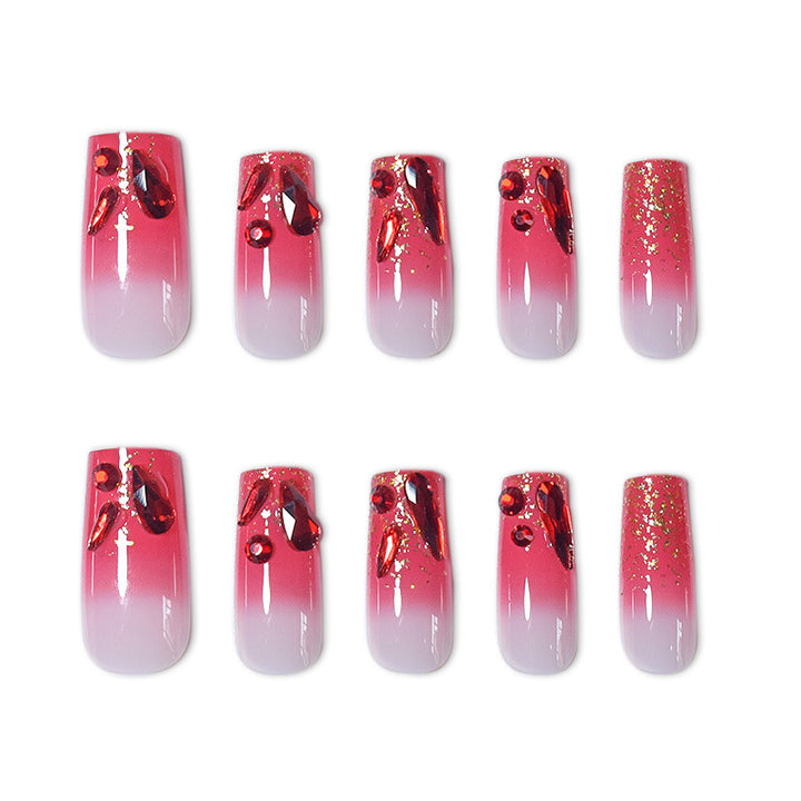 Dekoratives Acryl Press-On Nagelset mit Edelsteinakzenten Karnz