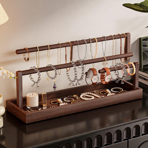 Holz Mehrschicht Schmuck Organizer Stand mit Halskettenhaken und Armband Haltestange