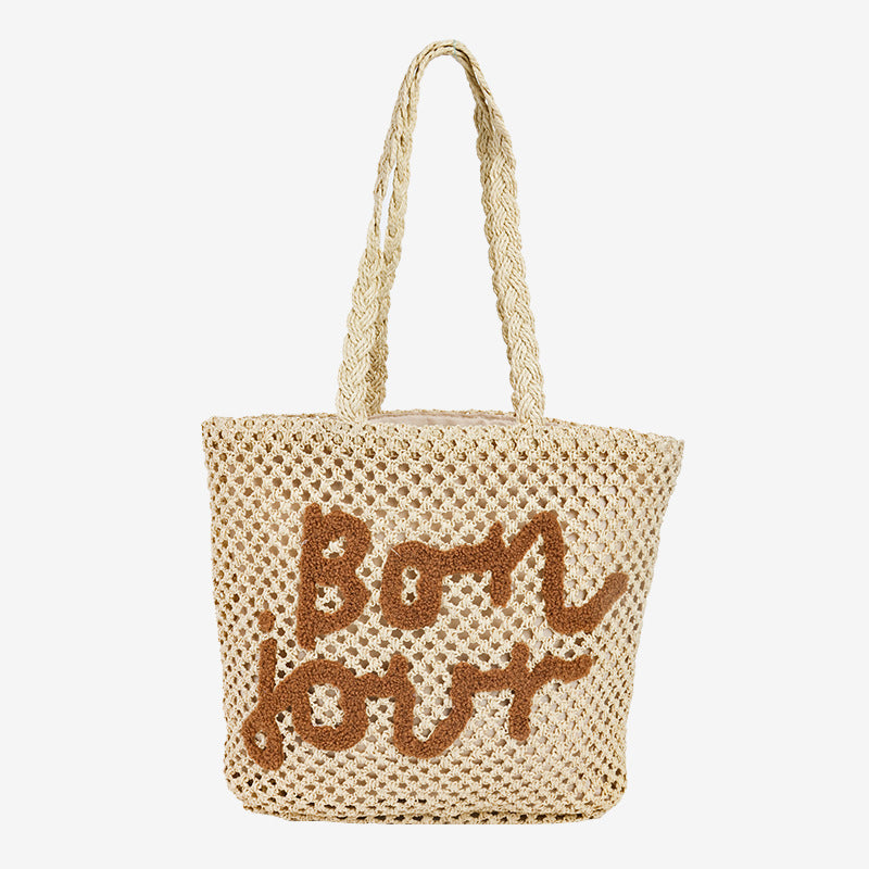 Damen Handgefertigte Strohtasche mit trendy Schriftzug Karnz