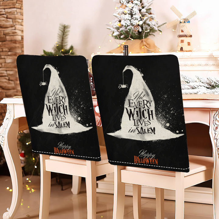 festliche Halloween-Stuhlhussen aus dehnbarem Polyester mit Hexenhut- und Schriftzug-Motiv