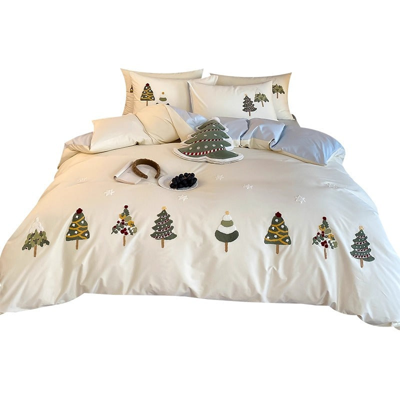 Bestickte Weihnachtsbaum Baumwollsatin Bettbezug Set
