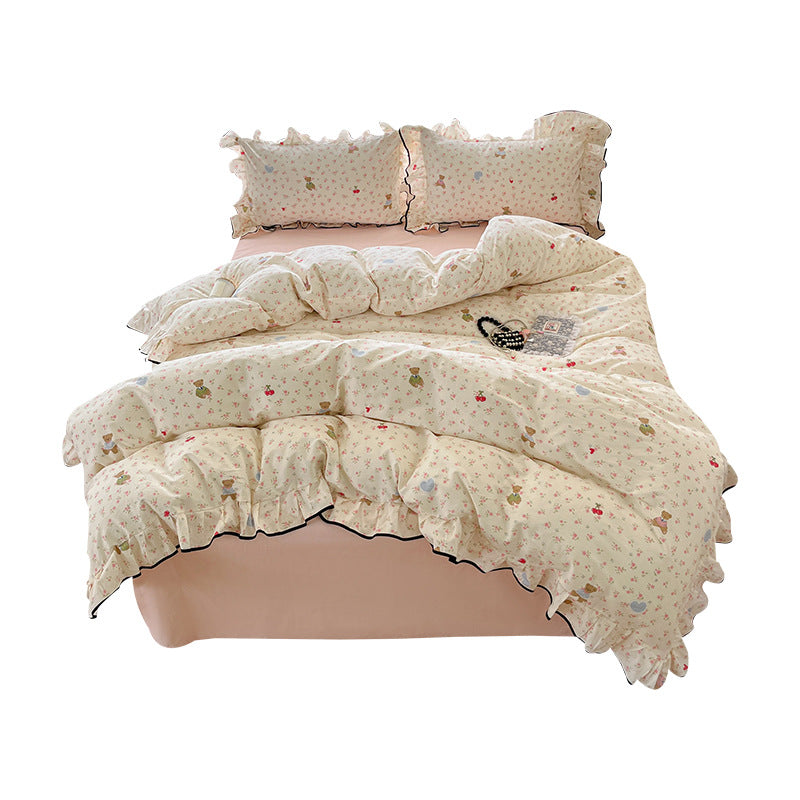 Rüschente Baumwollmischung Bettbezug Set mit Mini Blüten- & Teddy-Motiv und Pipingskante