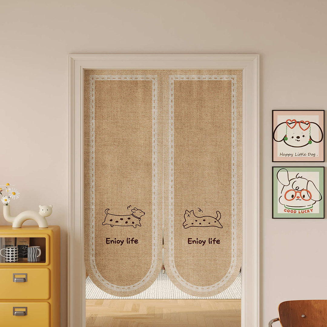 Split Noren Door Curtain Linen-Blend Dachshund Pattern Privacy Panel
