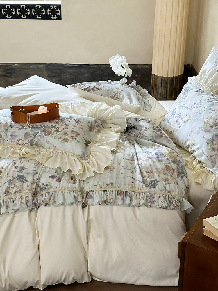 Luxuriöses Bettwäscheset mit floralem Muster, Volants und Satin-Finish