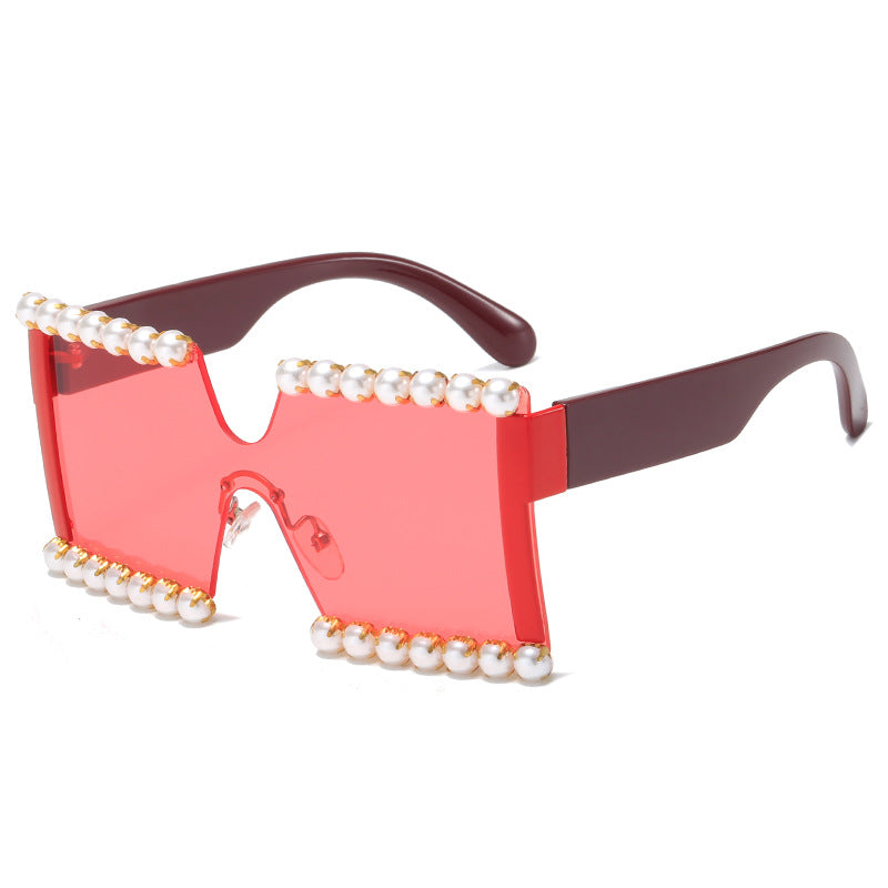 Damen extravagante Rechteck-Sonnenbrille mit Perlenschmuck und UV-Schutz Karnz