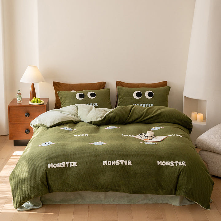 Kuschelige Wendebettwäsche-Set mit Monster-Stickerei