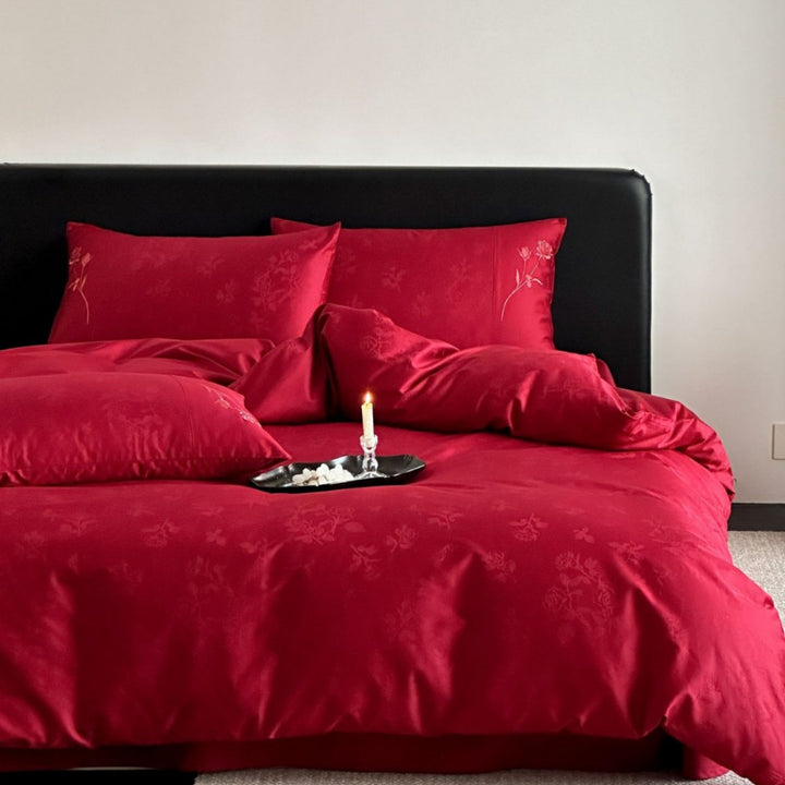Luxuriöses Baumwollsatin-Bettwäsche-Set mit floraler Jacquardstruktur und feiner Zierstickerei