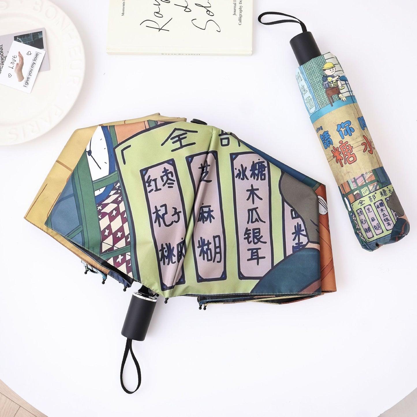 Damen kreativer Faltregenschirm mit Comic-Motiv Karnz