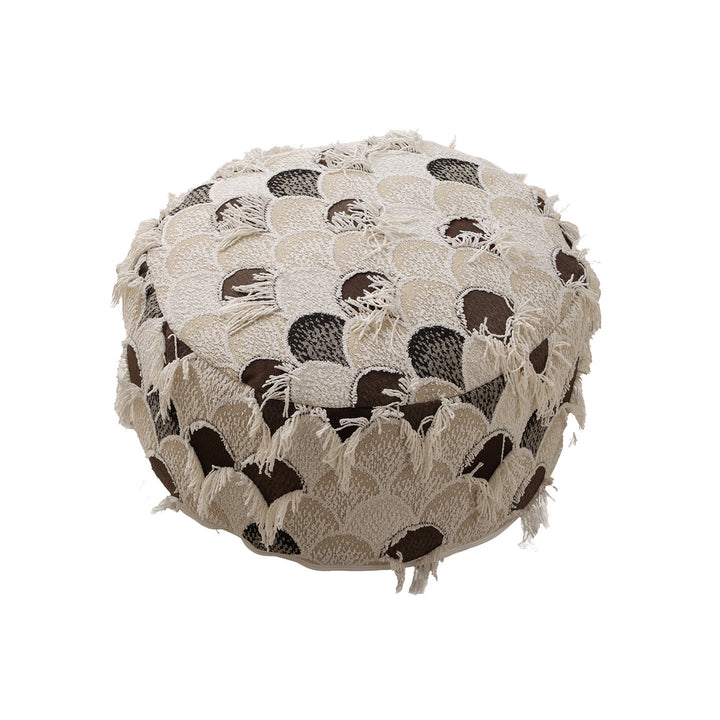 Runder gewebter Sitzpouf mit Boho‑Quasten und strukturierter Tuftoberfläche