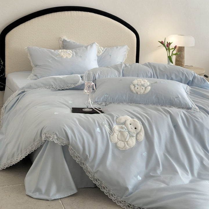 Luxury Embroidered Bunny Lace-Trim Duvet Cover Set