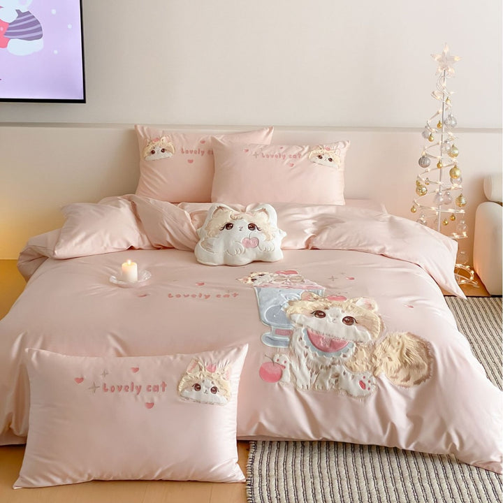 Bestickte Plüsch-Applikation Baumwollsatin Bettbezug Set mit dekorativem Katzekissen