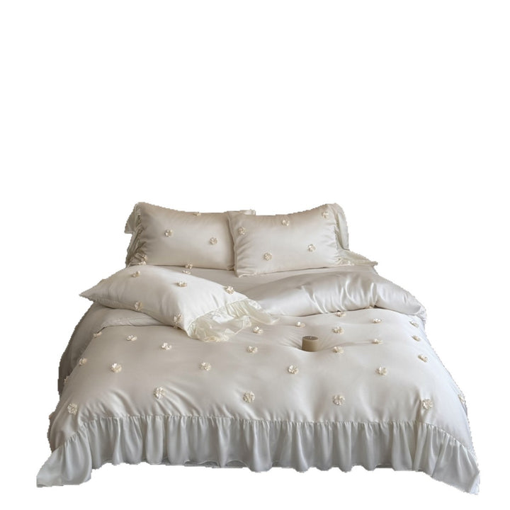 Luxuriöses Satin-Bettwäsche-Set mit Rüschen und 3D-Blüten