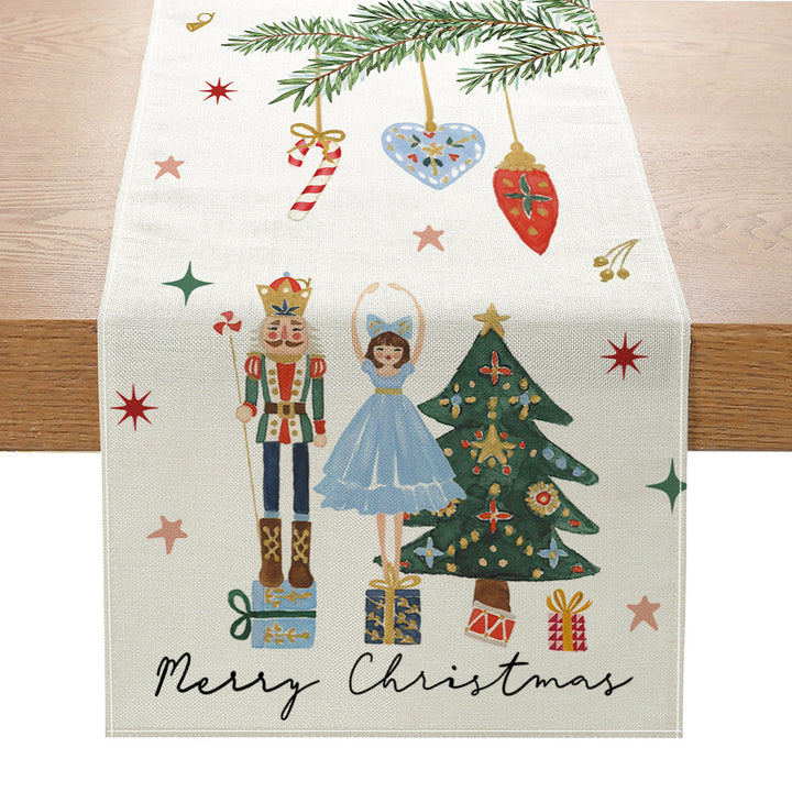 Festive Buffalo-Check Leinen-Textur Weihnachts Tischläufer mit Baum und Schaukelpferd Druck