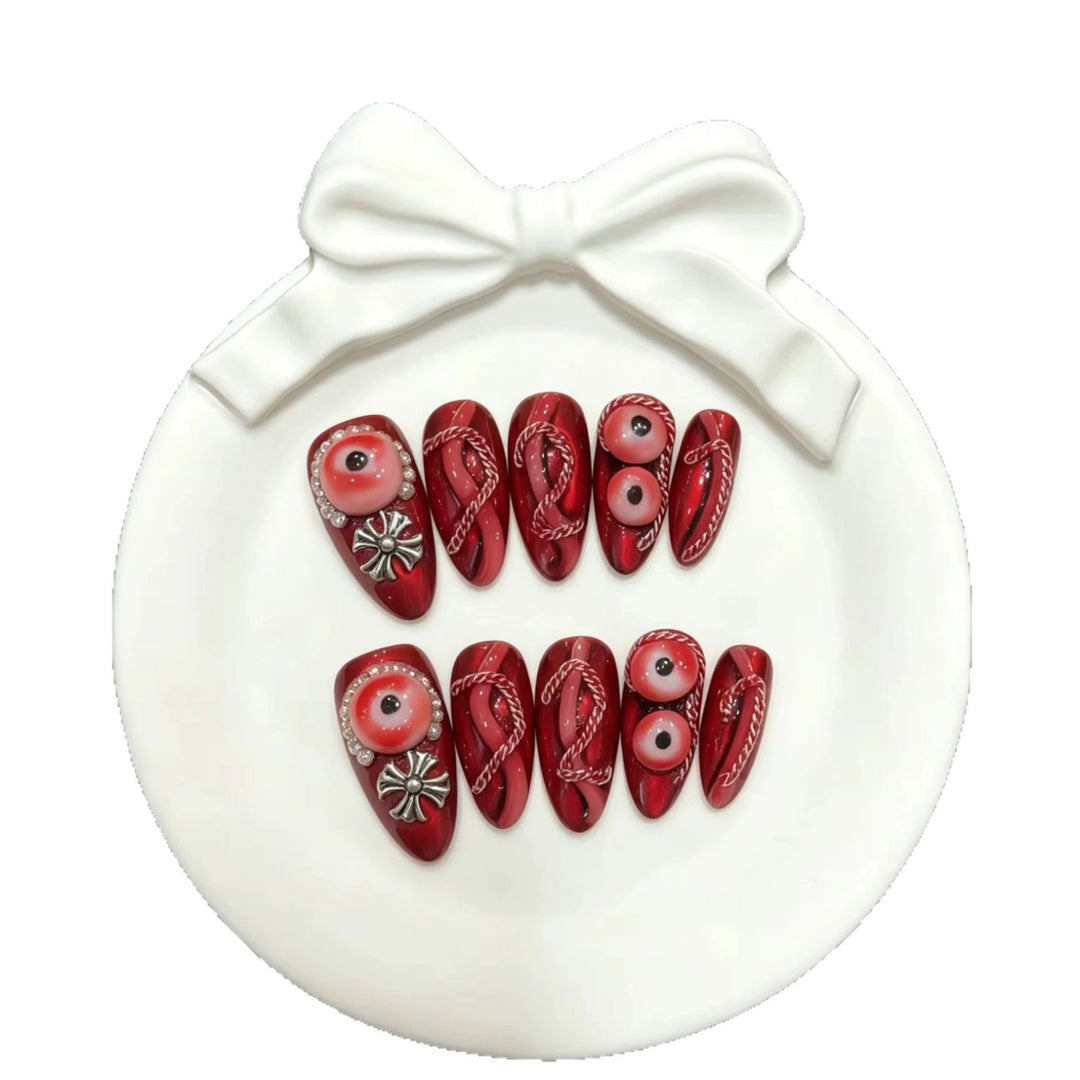 Künstlerisches Press-On Nagelkunst Set mit einzigartigen roten Designs