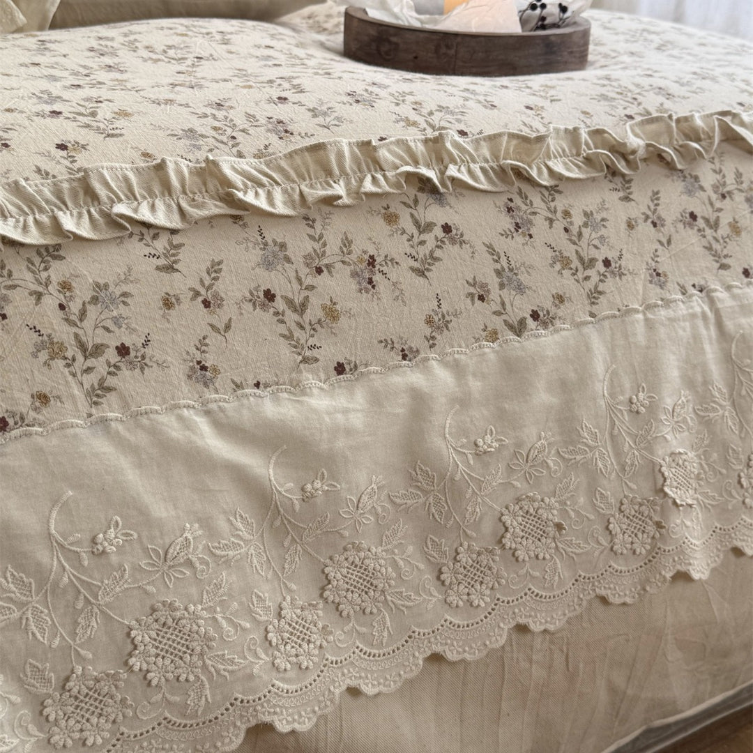 Rüsch Floral Leinen-Baumwolle Bettbezug Set mit Spitzenbesatz