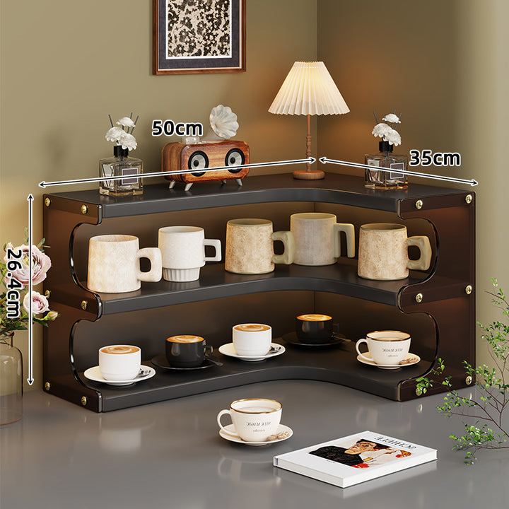 Eck-Dre tiers Holz Theke Anzeige Regal Organizer mit gebogenen Regalen und Messing Akzenten