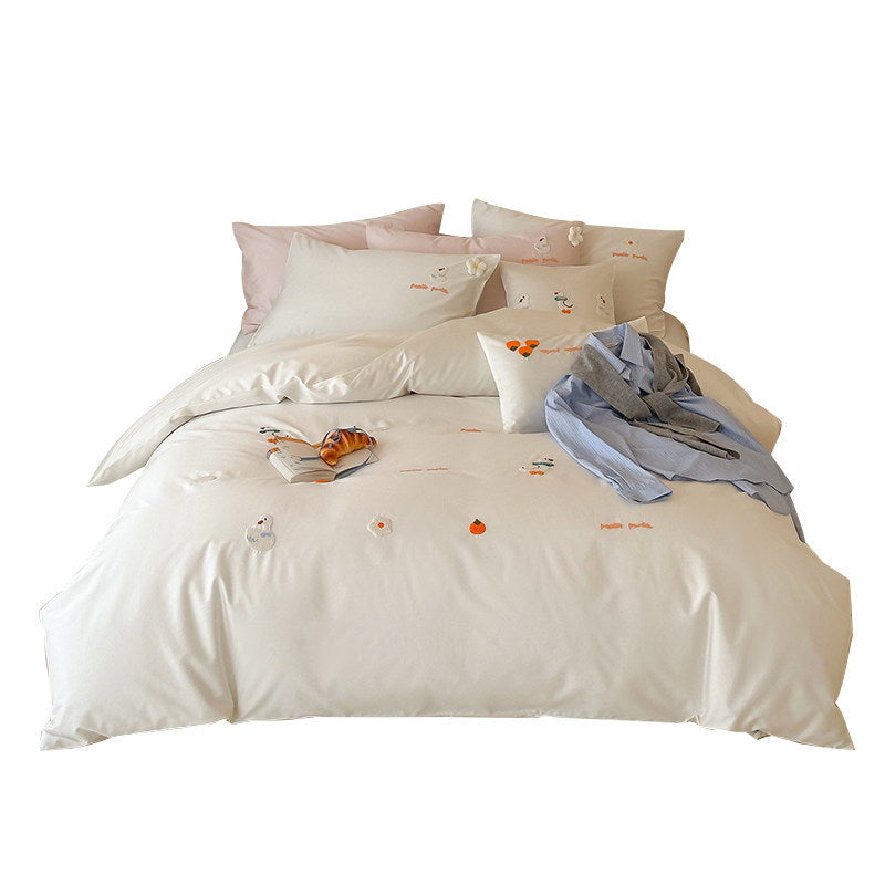 Umkehrbare bestickte Baumwollsatin Bettbezug Set mit verspielten Mini-Applikationsmotiven und Oxford Kissenbezügen