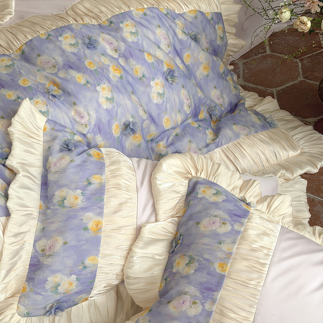 Floral Rüsch Baumwollsatin Bettbezug Set mit gefälteltem Saum und wendbaren Kissenbezügen