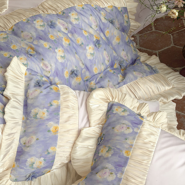 Floral Rüsch Baumwollsatin Bettbezug Set mit gefälteltem Saum und wendbaren Kissenbezügen