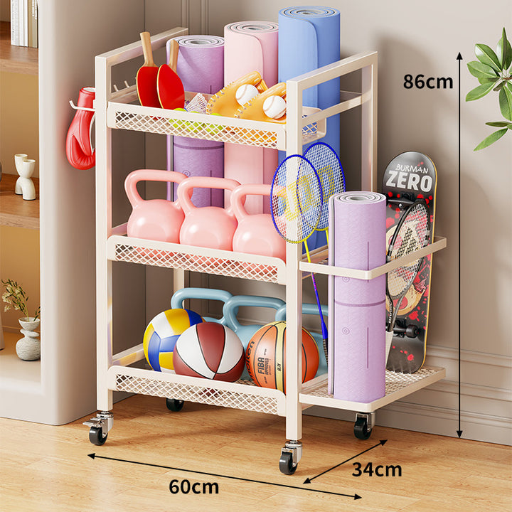 Rolling Drei-Ebenen Metallnetz Fitness Zubehör Organizer Wagen mit verriegelbaren Drehrollen
