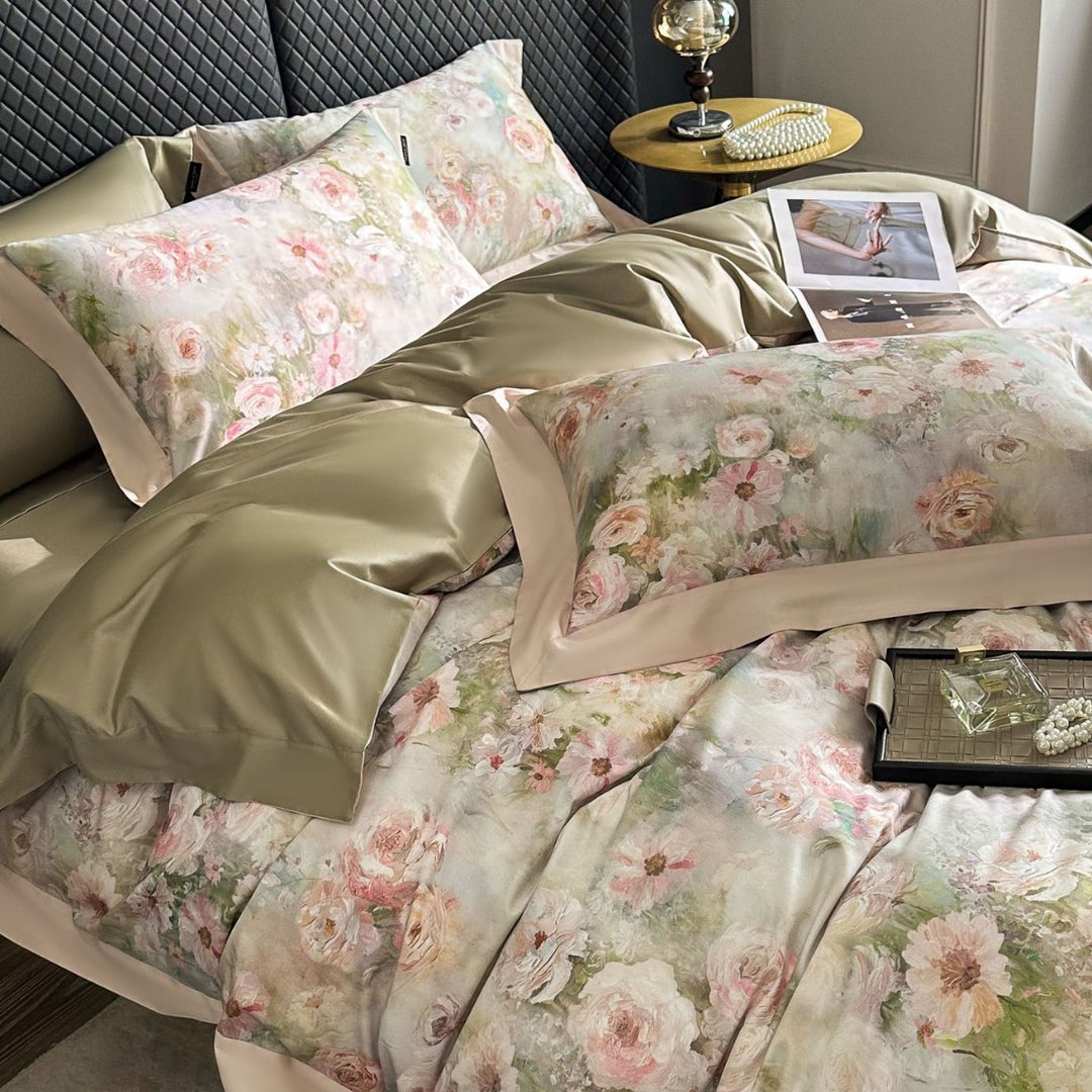 Premium-Baumwoll-Satin-Bettwäschegarnitur mit detailliertem Botanischem Toile-Motiv und Satinbordüre