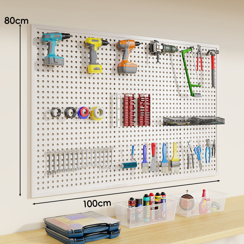 Wandmontiertes perforiertes Metall-Pegboard-Werkzeugorganisator-Panel mit modularen Haken und Aufbewahrungsbehältern