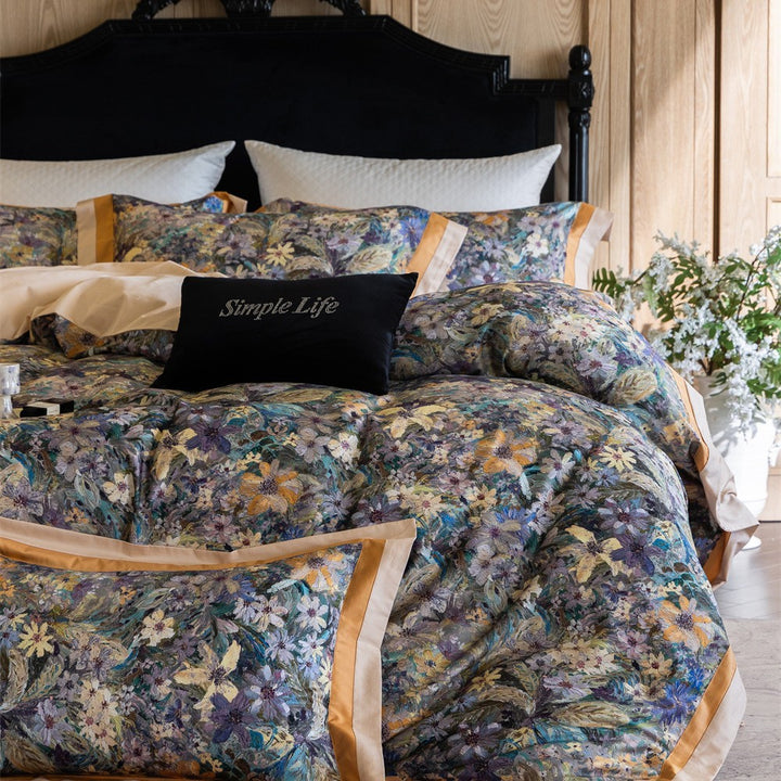 Luxuriöses Floral-Satin-Bettbezug-Set mit Randbesatz