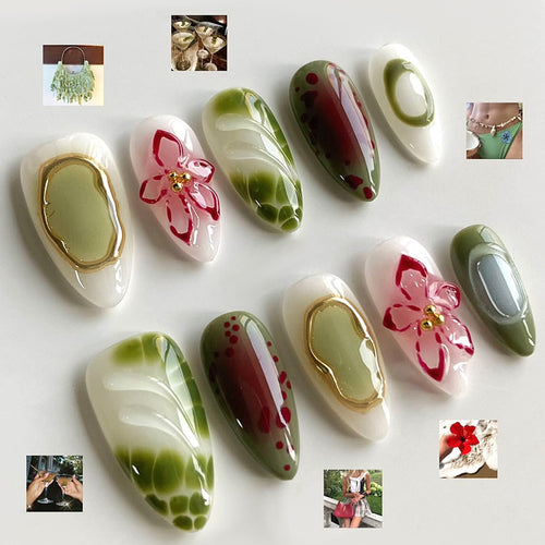 Dekorativer Press-On-Nagelkunst-Set mit floralen und Juwelen-Akzenten Karnz 1788496103