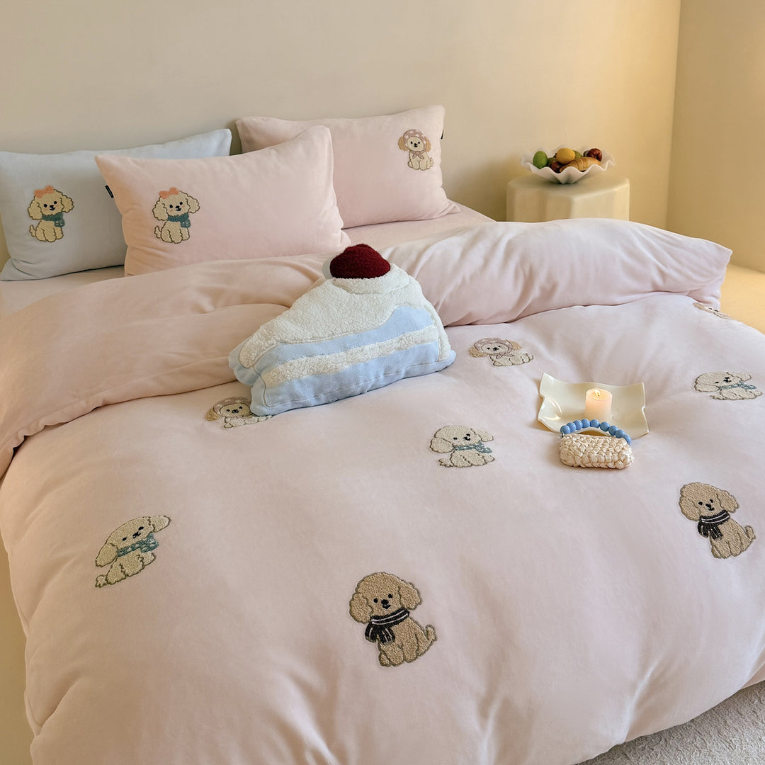 Bestickte Welpen-Motiv Baumwollsatin Bettwäsche Set