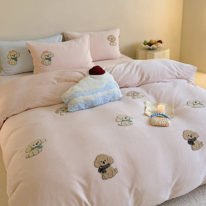 Bestickte Welpen-Motiv Baumwollsatin Bettwäsche Set