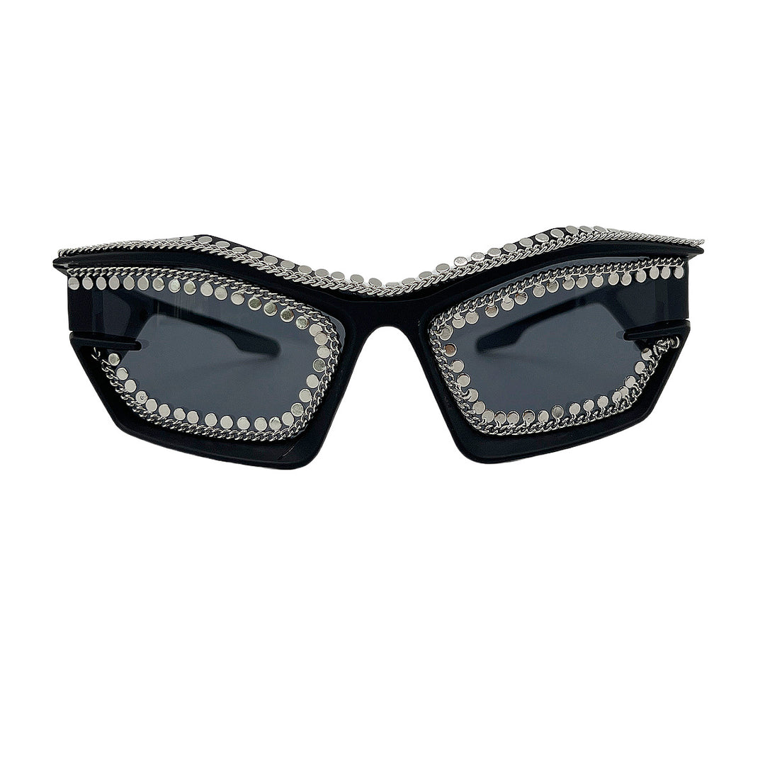 Damen Designer-Sonnenbrille im futuristischen Look mit funkelndem Strassbesatz Karnz