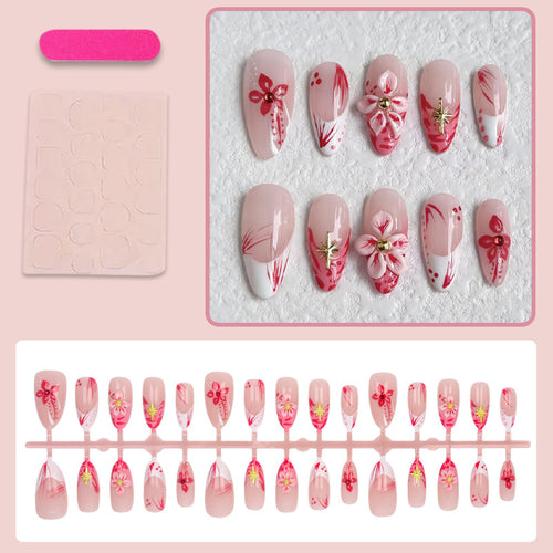 Kunstnagelset mit floralen Designs und 3D-Verzierungen Karnz