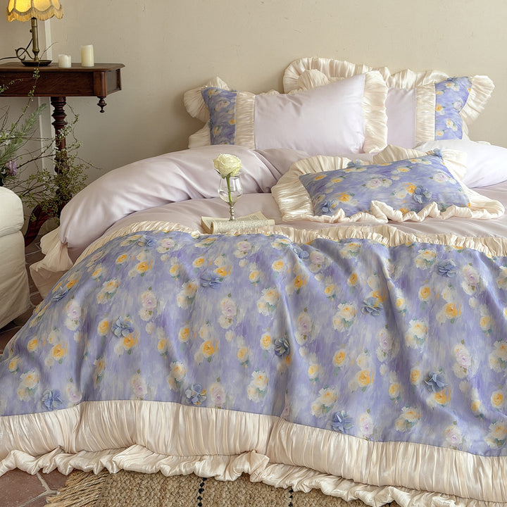 Floral Rüsch Baumwollsatin Bettbezug Set mit gefälteltem Saum und wendbaren Kissenbezügen