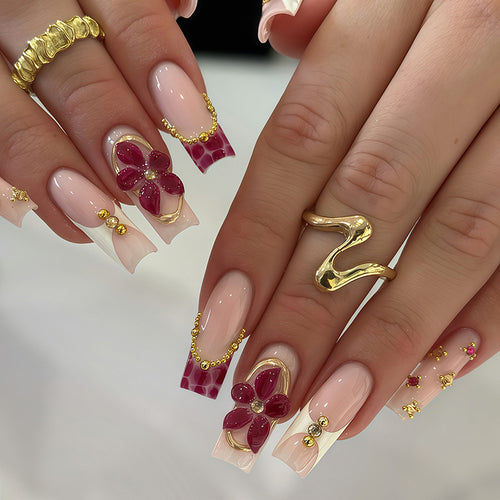 Premium Floral Design Press-On Nail Set mit dekorativen Elementen Karnz