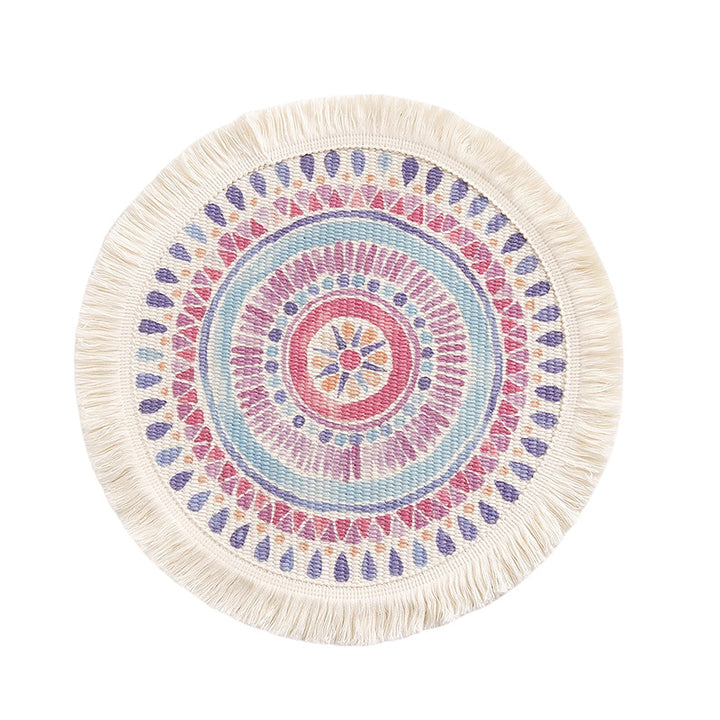 Runder flachgewebter Baumwoll-Teppich mit Mandala-Motiv und dekorativen Fransen Karnz