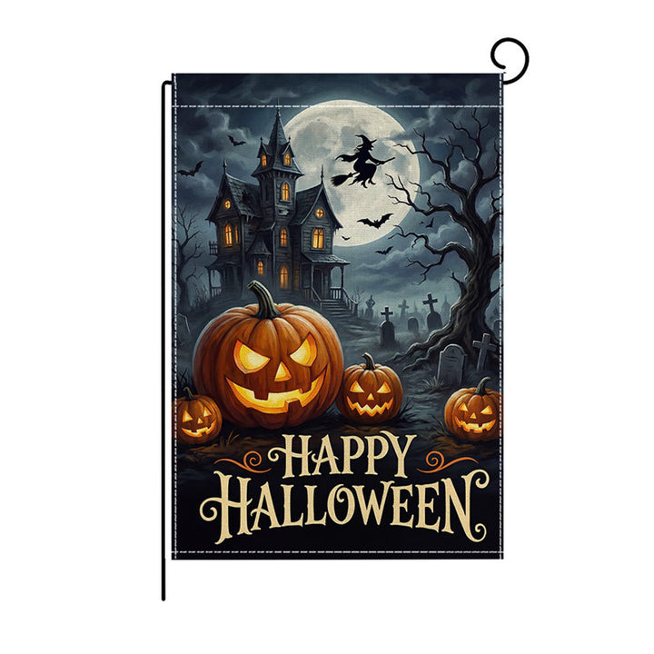 Schwerlast-Halloween-Spun-Polyester-Dekorationsgartenflagge mit verspielten Geistern und Kürbislaternen