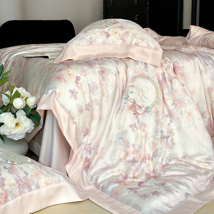 Botanical Micro-Satin Kühl Bettbezug Set mit Bestickten Rosenkranz Kissenbezügen