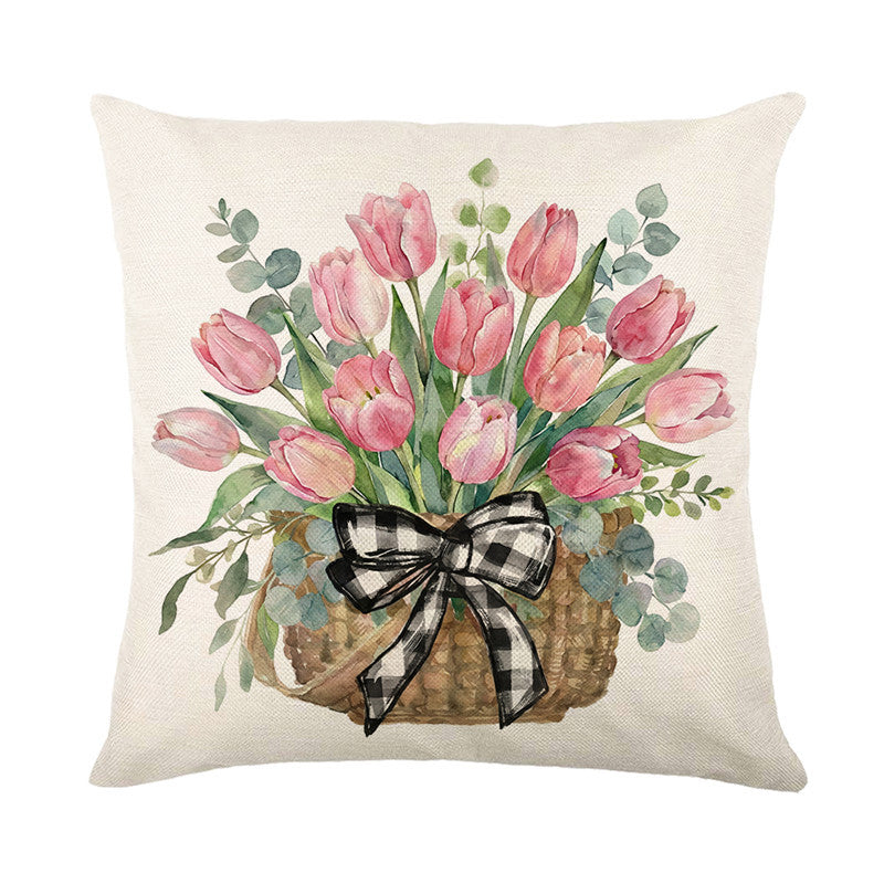 Dekorative Kissenbezug mit Leinenstruktur, quadratisch, mit Aquarell-Tulpenkorb-Druck und Gingham-Schleifenakzent