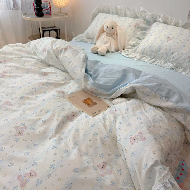 Rüschendes Teddy-Muster Baumwollsatin Bettdeckenbezug-Set mit wendbarem Blatt und Spitzeneinfassung Kissenbezüge