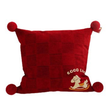 Decorative Plush Checkered Throw Pillow Cover with Corner Pom-Poms and Good Luck Rocking Horse Motif