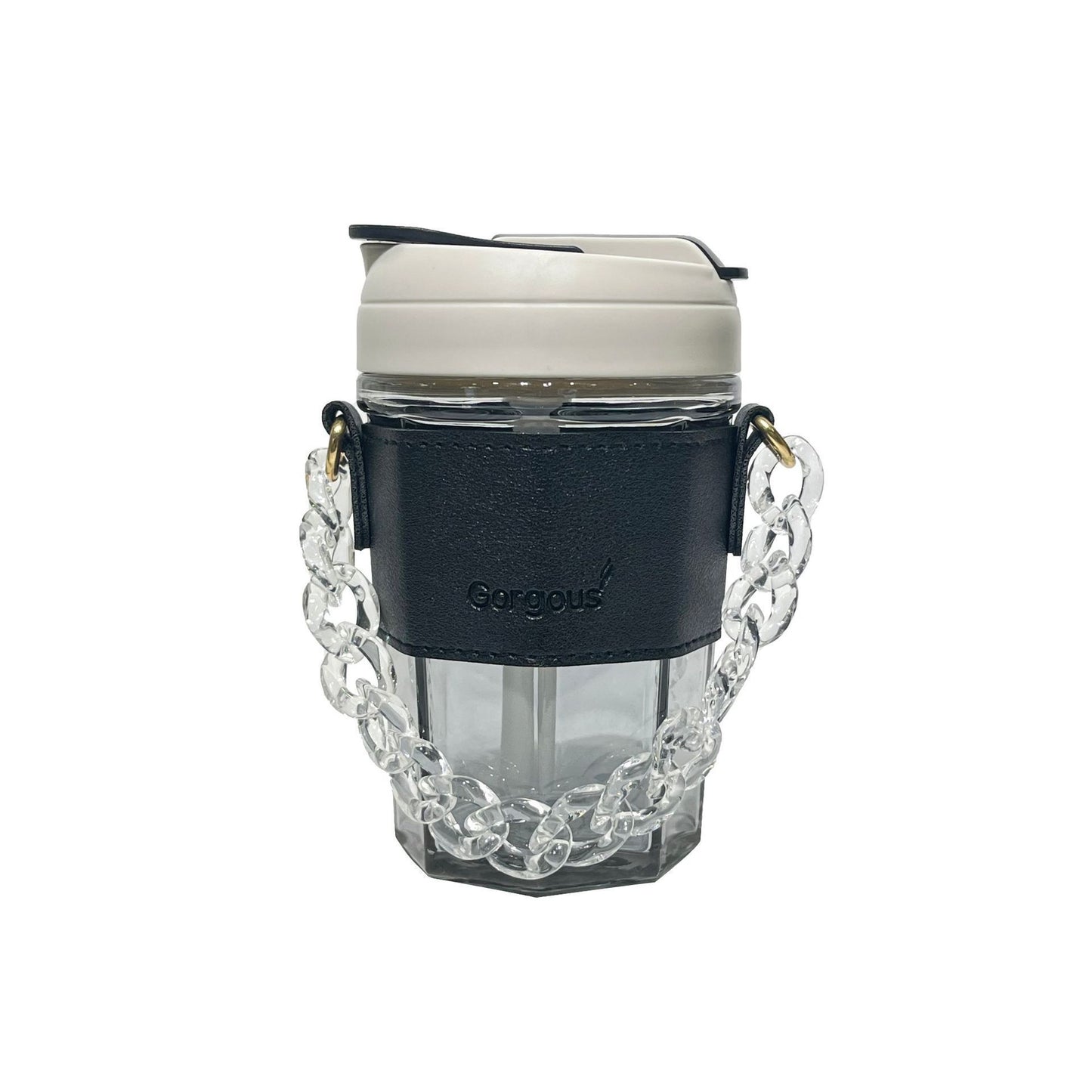 Damen Trinkbecher mit elegantem Ledergriff und praktischer Tragekette Karnz