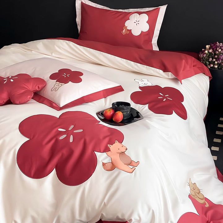 Floral Applikation Baumwollsatin Bettbezug Set mit dekorativen Kissenbezügen