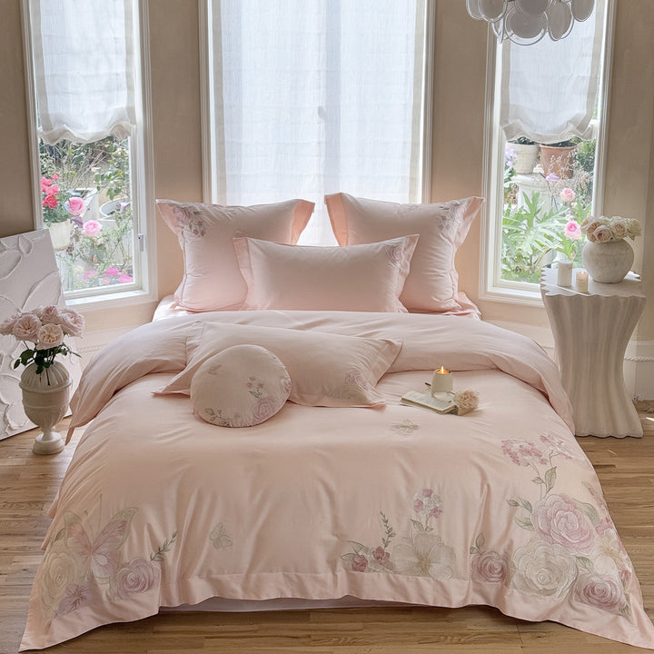 luxuriöses Baumwollsatin Bettwäsche-Set mit floraler Stickerei