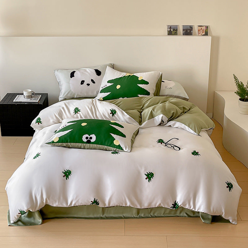 Wendbare Baumwollsatin-Bettgarnitur mit minimalistischen Panda-Gesichtern