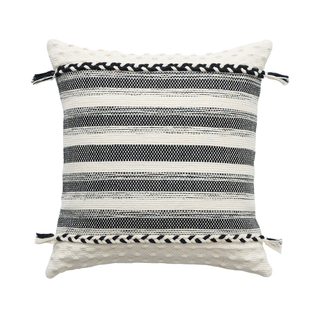 Rechteckiges Boho-Lumbar-Kissen mit geflochtenen Bändern und Quasten