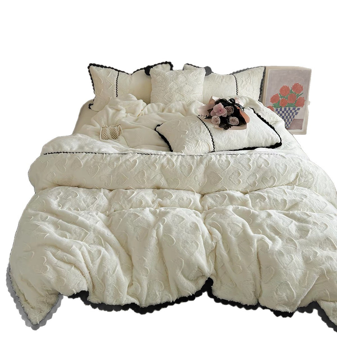 Plüsch Herz-Prägung Faux-Sherpa Bettbezug Set mit kontrastierenden Rüsche Trim