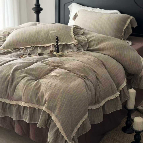Vintage-Textured Gauze Duvet Cover Set with Layered Ruffle Hem & Crochet Lace Edge