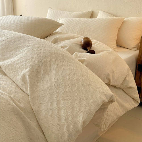Luxuriöses Jacquard Karo Satin Bettwäsche Set mit Kissenbezügen und tiefem Spannbettlaken