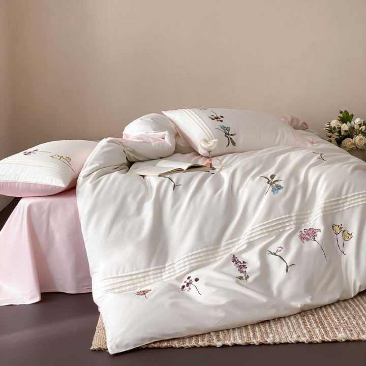 Bestickte Floral Baumwoll Bettbezug Set mit Wendbarem Satin-Gefühl Futter und Band-Bindung Kissenbezüge