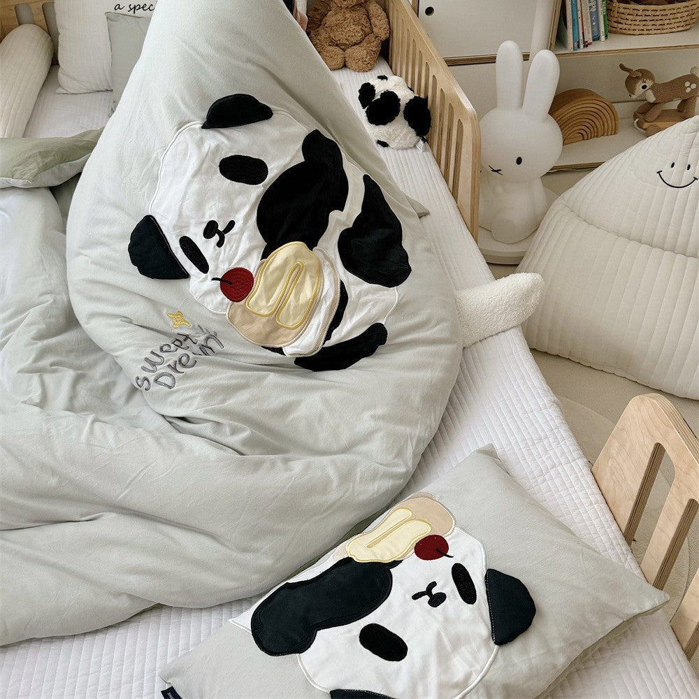 Kids Appliqué Puppy Baumwollsatin Bettbezug mit gesteppten Welpenkopf Kissenbezügen